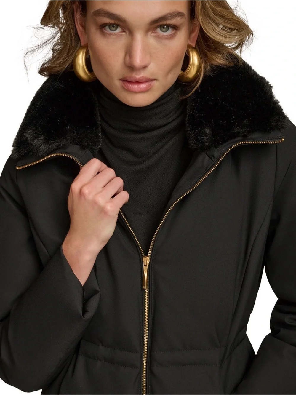NWT Donna Karan Women's Faux-Fur-Collar Short Puffer Coat. MEDIUM. Black. $259